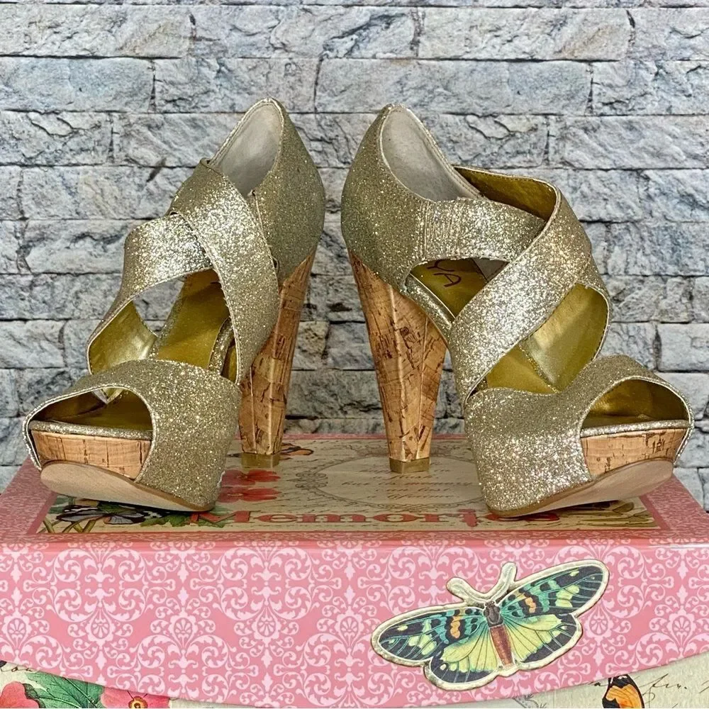 Kaya Gold Glitter Heels Platform Cork Wedge Dance Party New Years Eve SZ 6